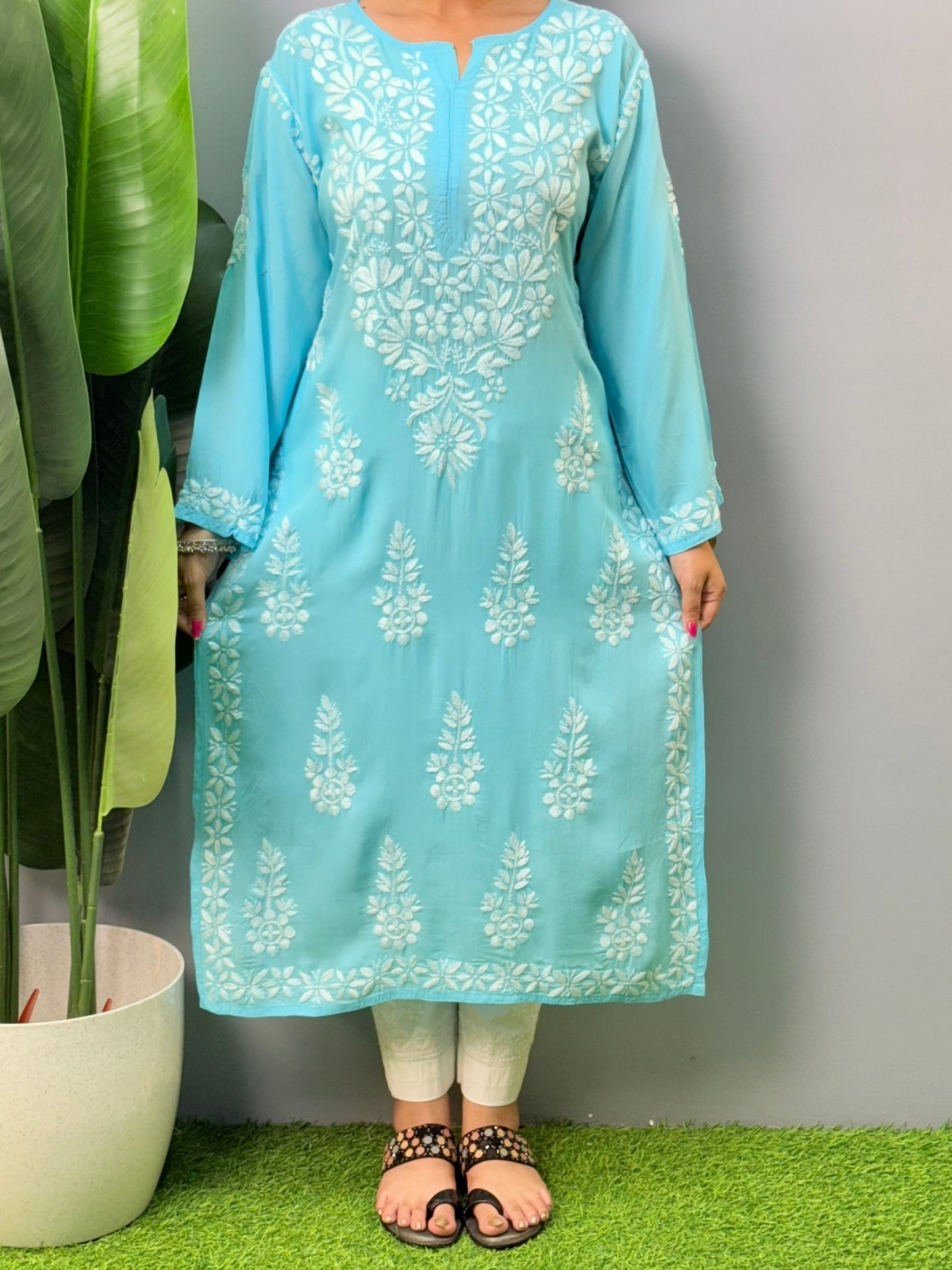 Turquoise blue modal Chikankari kurta with white hand embroidery – soft and elegant ethnic wear for women