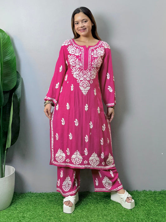 Rani pink rayon Lucknow Chikankari kurta with white hand embroidery and matching palazzo set