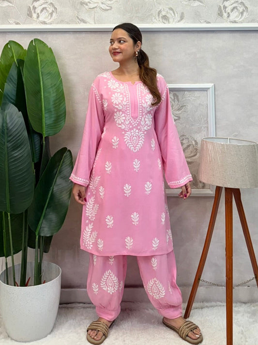 Pink rayon chikankari kurta and Afghani pant set with white hand embroidery – soft and comfortable