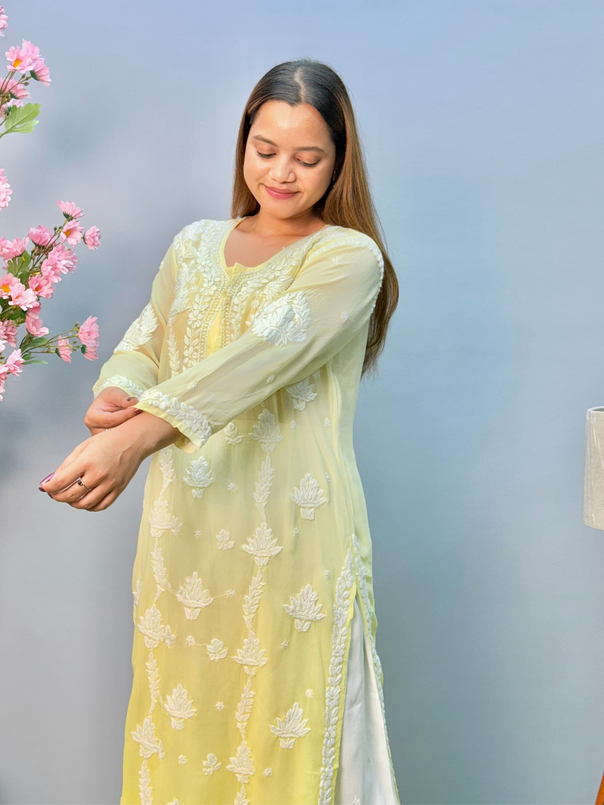 Lemon ombre Lucknow chikankari kurta in sheer viscose fabric with hand embroidery