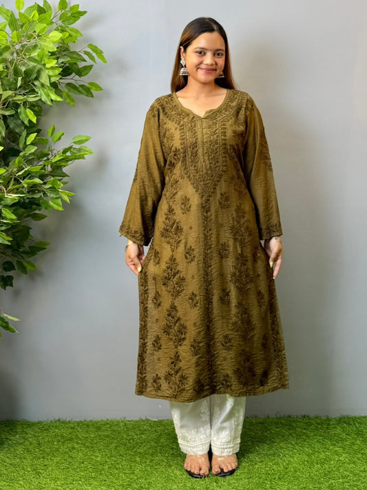 Woman wearing olive brown chanderi chikankari kurta with tone-on-tone embroidery