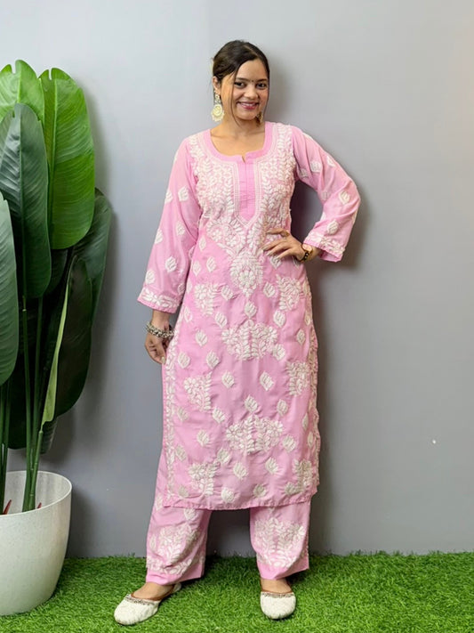 Baby pink muslin Chikankari kurta and pant set with white hand embroidery