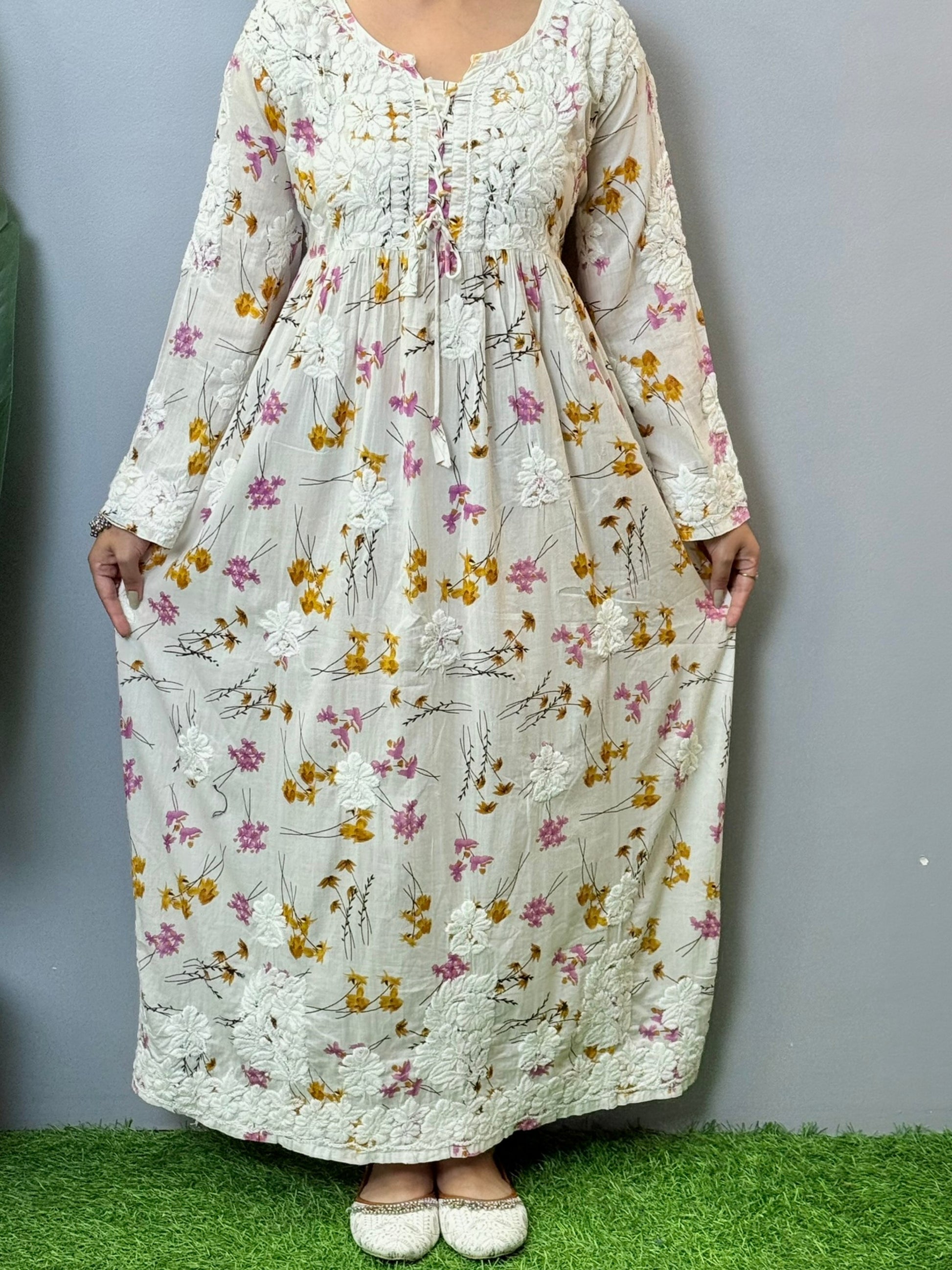 Floral printed mulmul Chikankari frock with 3D hand embroidery in off-white, pink, and yellow tones