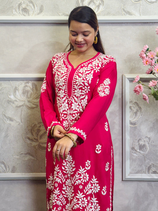 Hot Pink Lucknow Chikankari rayon kurta with matching dhoti set, featuring detailed white hand embroidery.