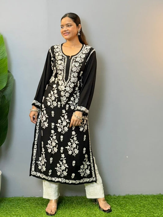 Black modal chikankari kurta with white hand embroidery work