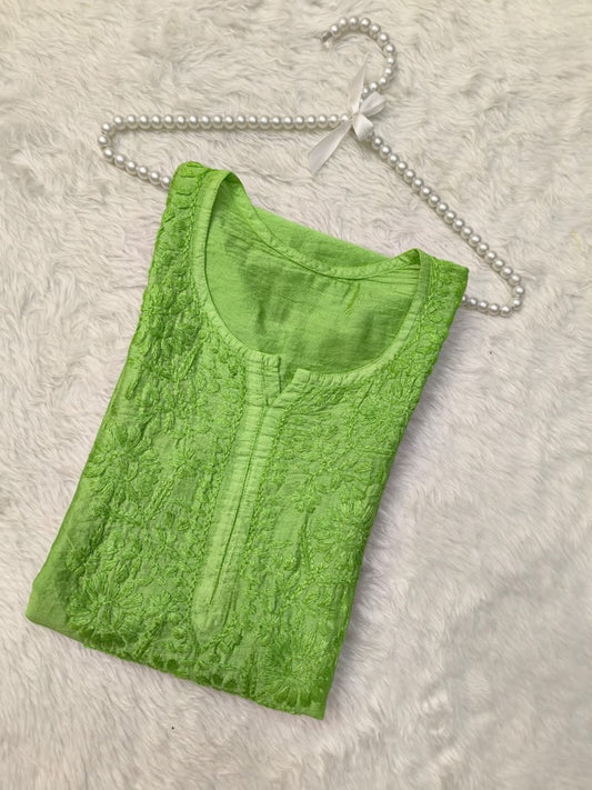 Green Chanderi Lucknow Chikankari Kurta with hand embroidery