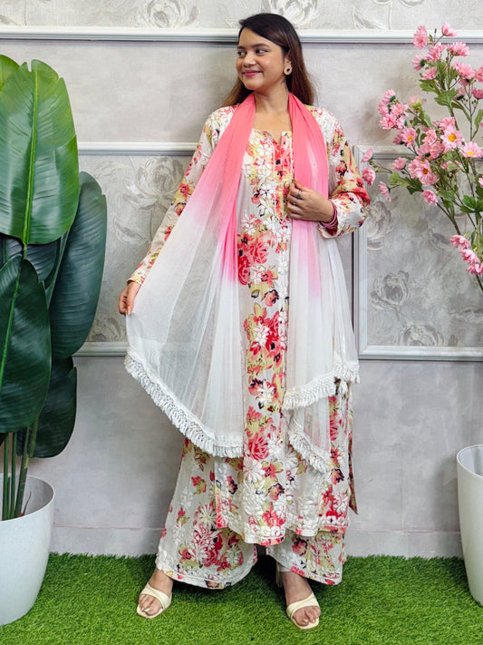 Lucknow Chikankari printed mulmul kurta palazzo set with hand embroidery and chiffon dupatta.