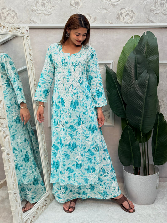 Aqua blue printed Lucknow Chikankari kurta and palazzo set in mulmul fabric with hand embroidery