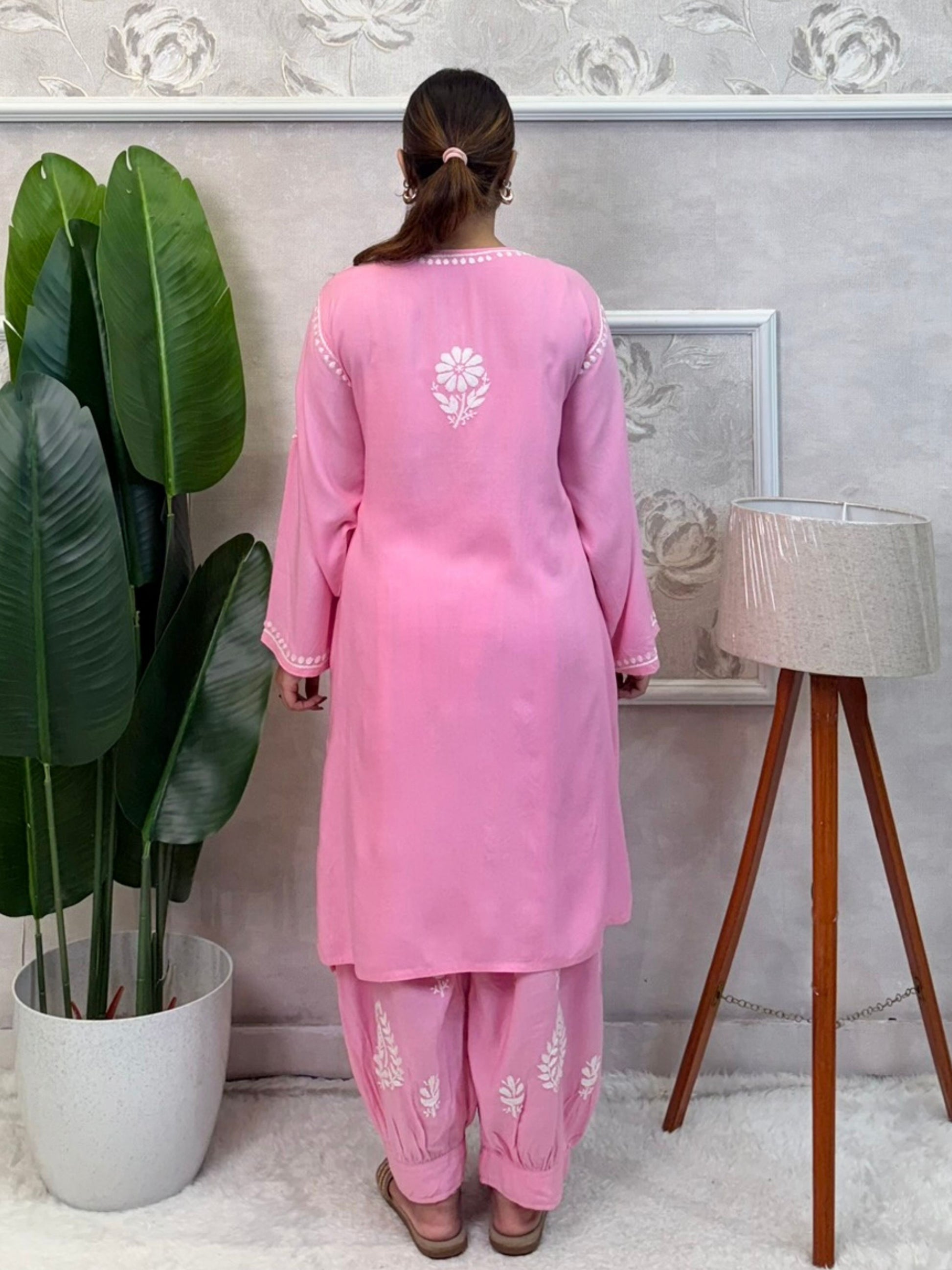 Pink rayon chikankari kurta and Afghani pant set with white hand embroidery – soft and comfortable