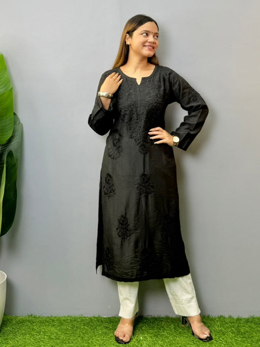 Black Chanderi Lucknowi chikankari kurta with tone-on-tone embroidery