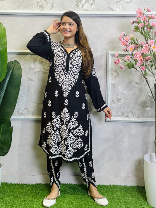 Black Lucknow Chikankari hand-embroidered rayon kurta with matching dhoti pant set