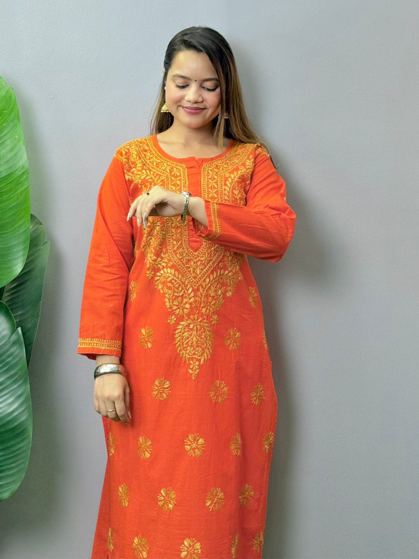 Rust Orange Cotton Lucknowi Chikankari Kurta