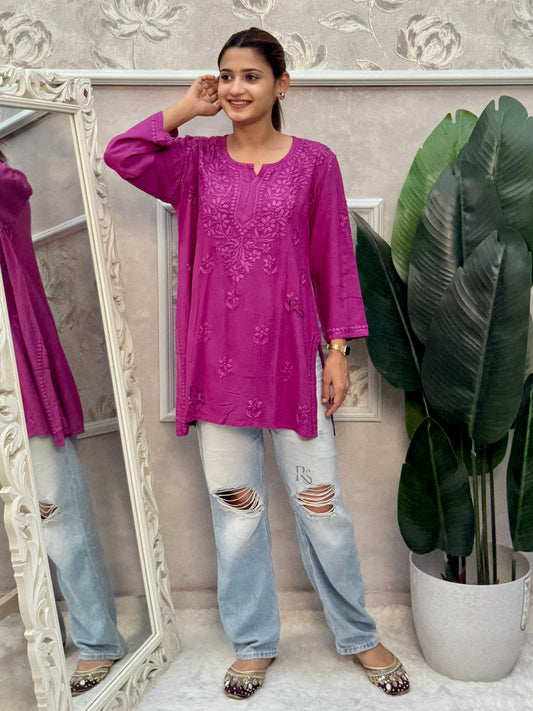 Magenta purple Lucknow Chikankari short rayon kurta with hand embroidery.