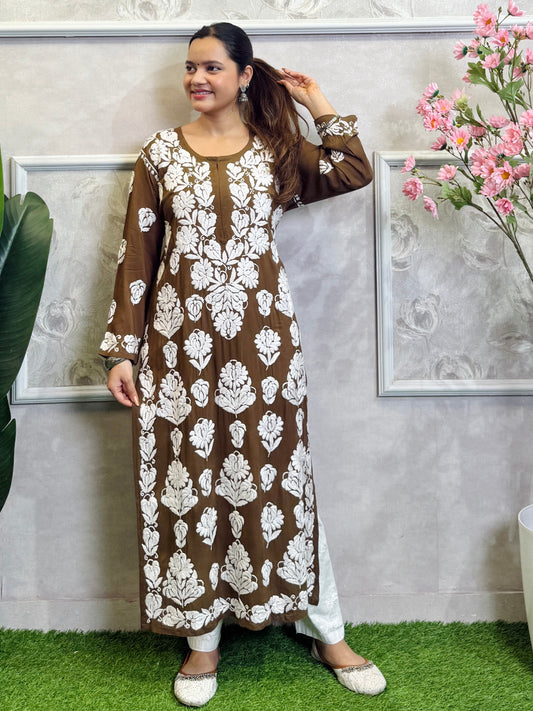 Brown modal fabric Lucknow Chikankari kurta with white hand embroidery