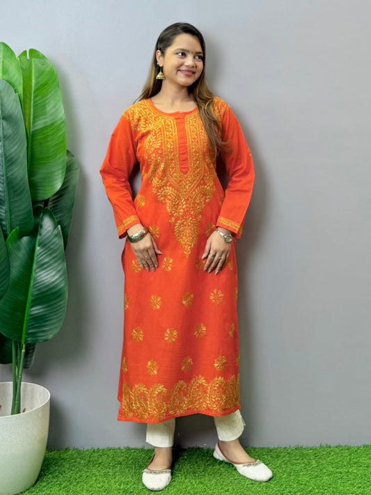 Rust Orange Cotton Lucknowi Chikankari Kurta
