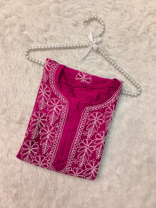 Fuchsia Pink Chanderi Lucknowi Chikankari Kurta with Bakhiya Hand Embroidery