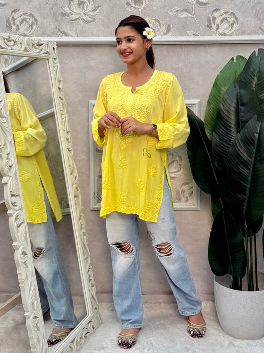 Sunshine yellow Lucknow Chikankari rayon short kurta with hand embroidery.
