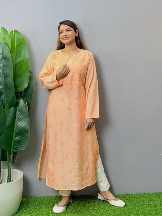 Peach Chanderi fabric Lucknowi Chikankari kurta with all-over hand embroidery, premium quality, soft and comfortable