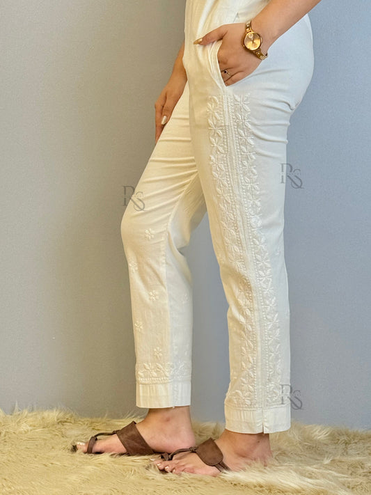 Stretchable white cotton pant with heavy side Chikankari hand embroidery