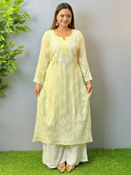 Yellow Lucknow Chikankari Kurta in modal fabric with white hand embroidery