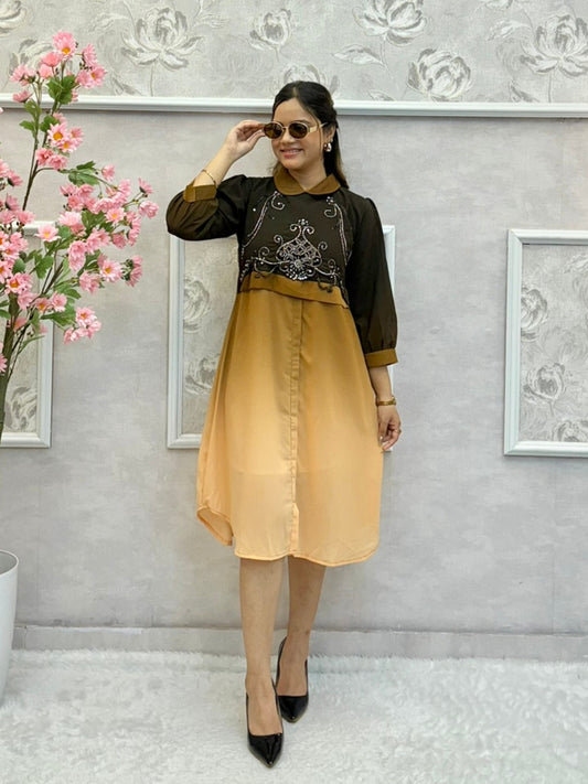 Mocha ombre Indo-Western knee-length dress with handwork and collar neck