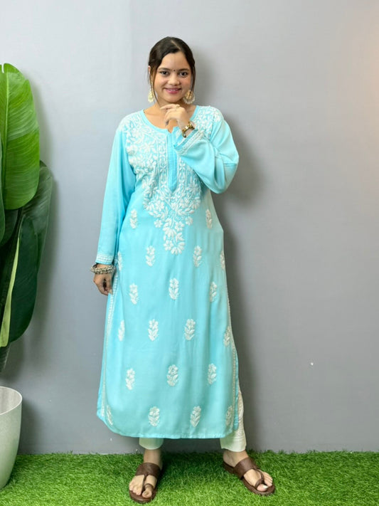 Sky blue rayon Lucknowi Chikankari kurta with white hand embroidery, front view