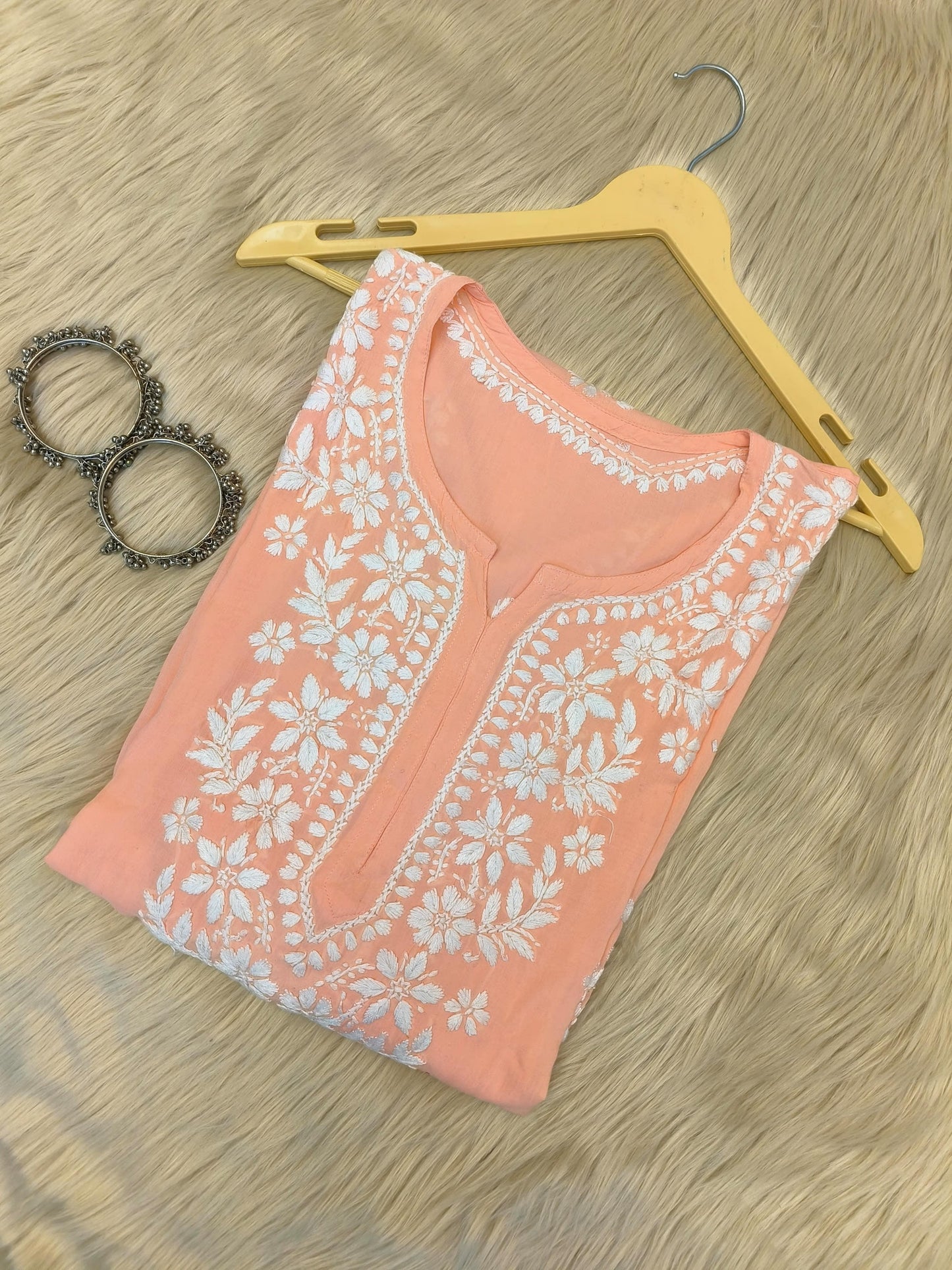 Peach modal chikankari kurta with white hand embroidery