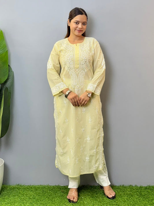 Pastel yellow cotton chikankari kurta with white thread hand embroidery