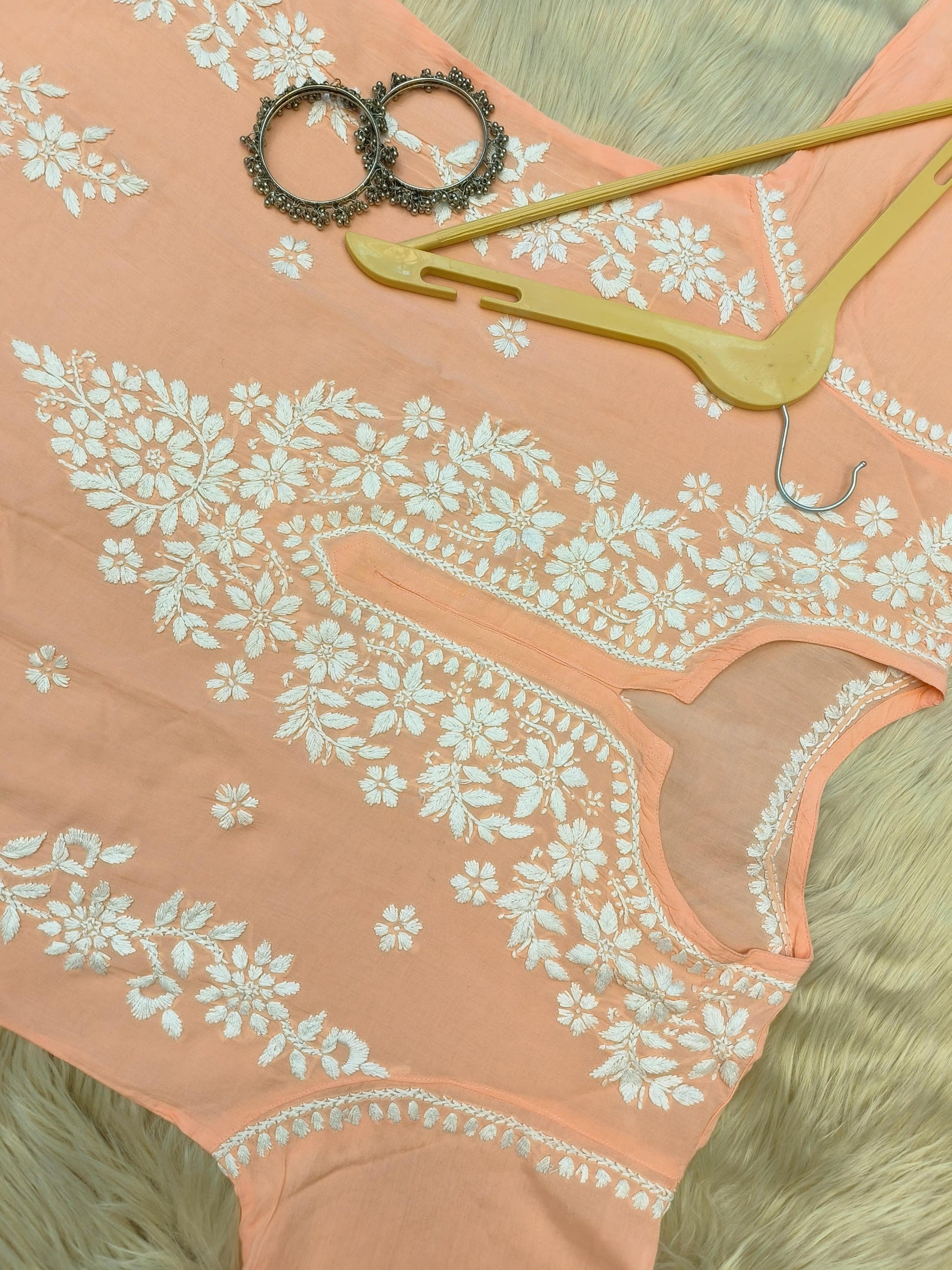 Peach modal chikankari kurta with white hand embroidery