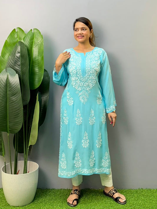 Turquoise blue modal Chikankari kurta with white hand embroidery – soft and elegant ethnic wear for women