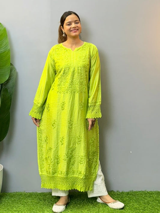 Lime green chanderi chikankari kurta with lace and hand embroidery