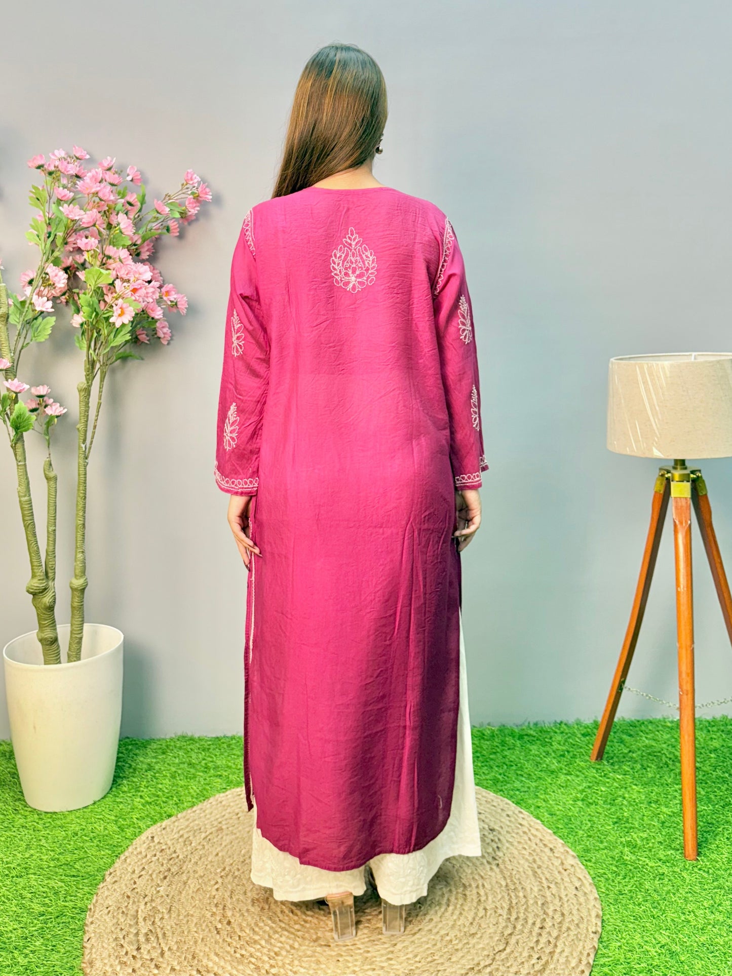 Magenta Lucknow chikankari kurta in chanderi fabric with white bakhiya embroidery