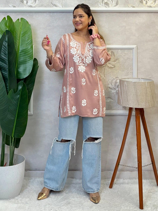 Dusty pink satin short kurta with hand-embroidered Lucknow Chikankari work