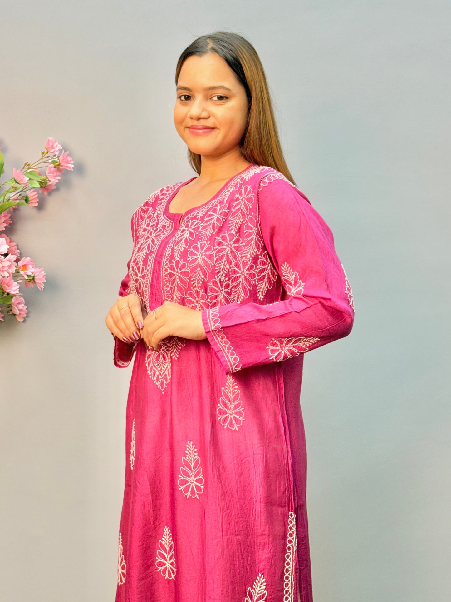 Magenta Lucknow chikankari kurta in chanderi fabric with white bakhiya embroidery