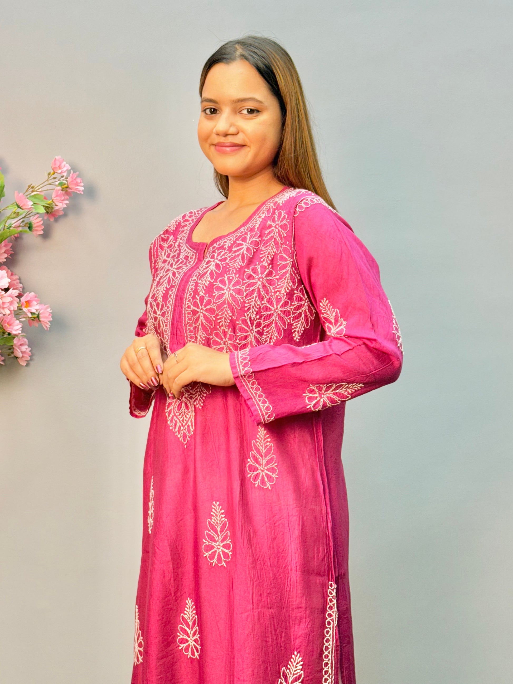 Magenta Lucknow chikankari kurta in chanderi fabric with white bakhiya embroidery
