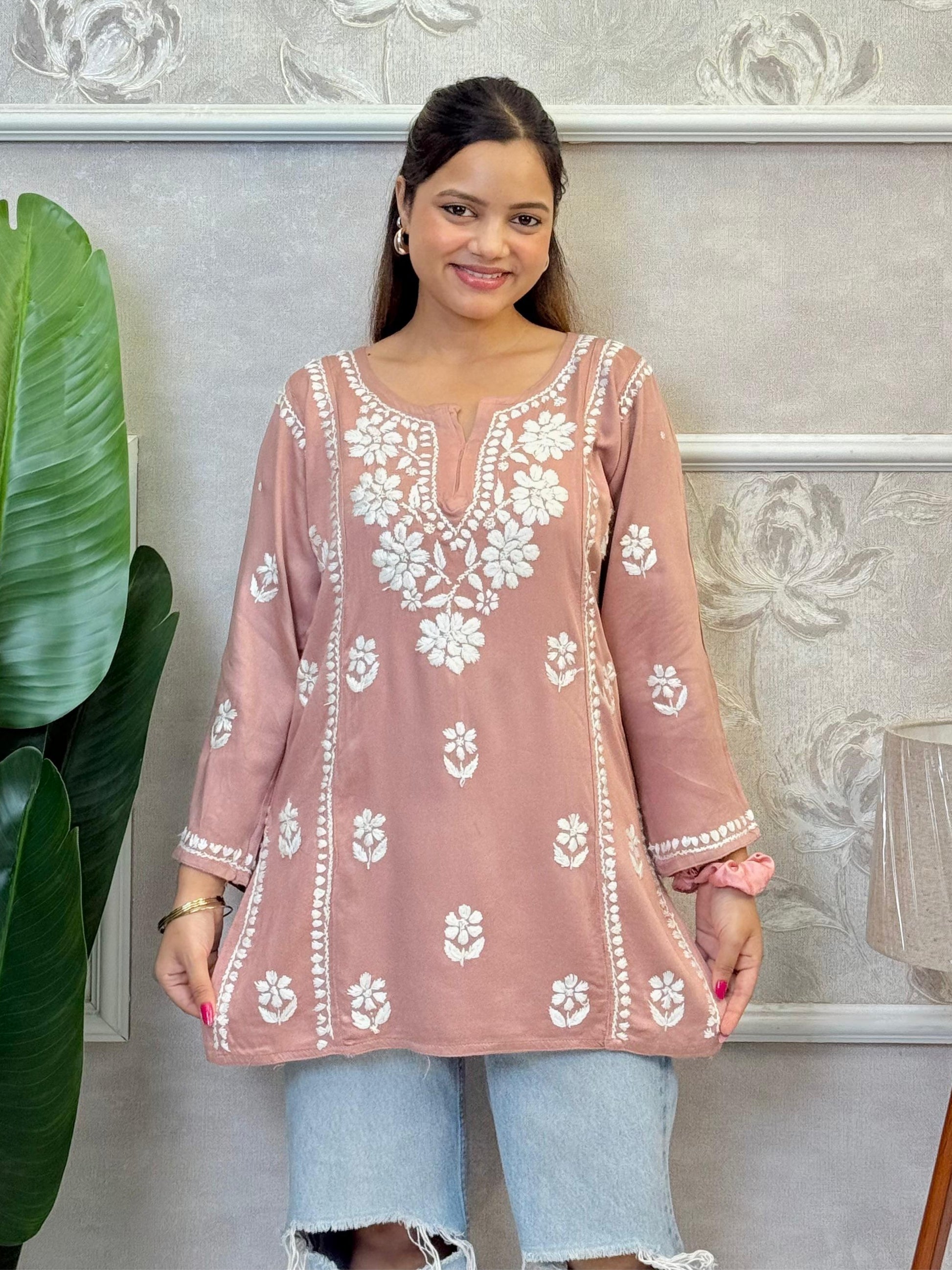 Dusty pink satin short kurta with hand-embroidered Lucknow Chikankari work