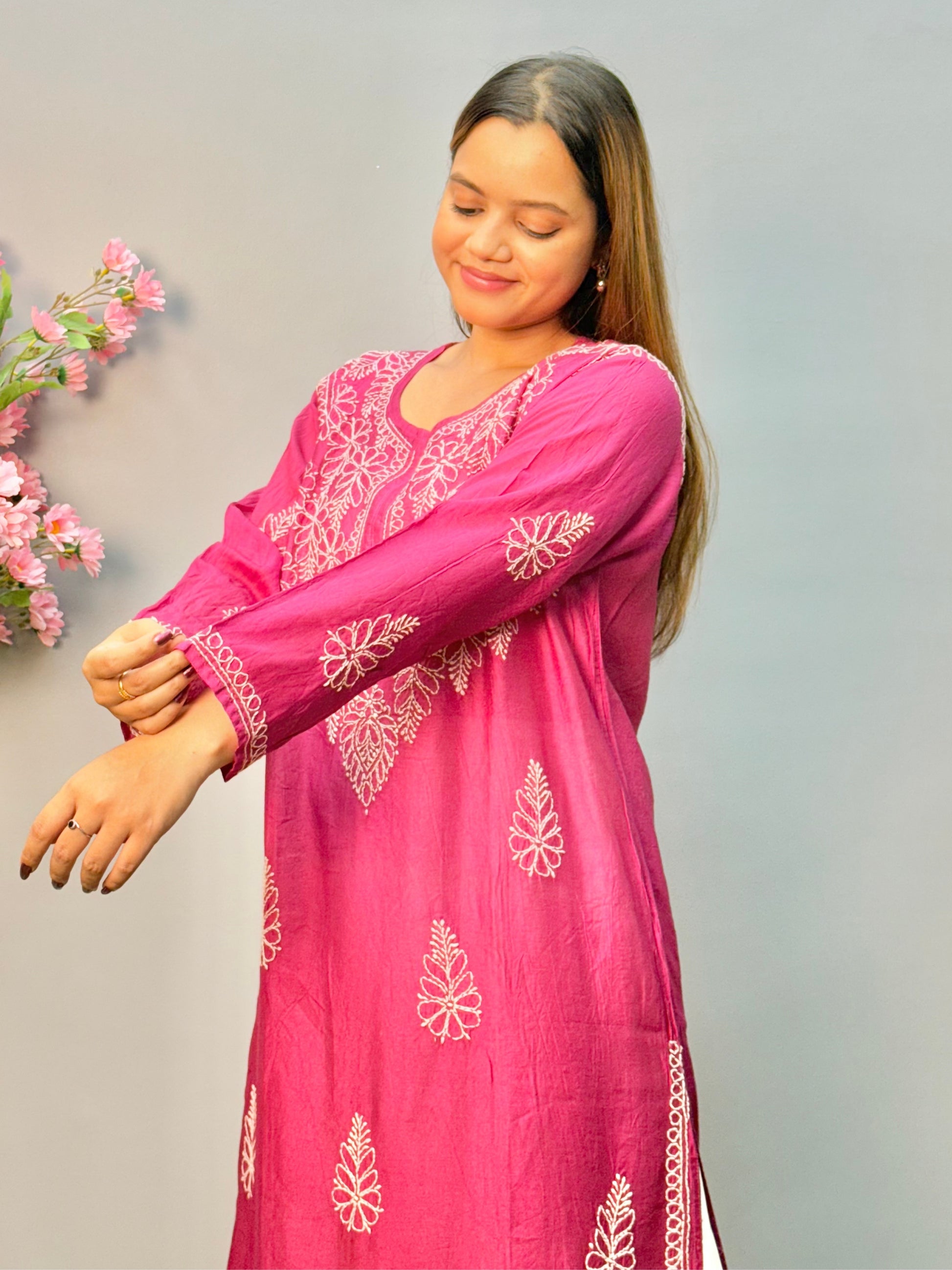Magenta Lucknow chikankari kurta in chanderi fabric with white bakhiya embroidery