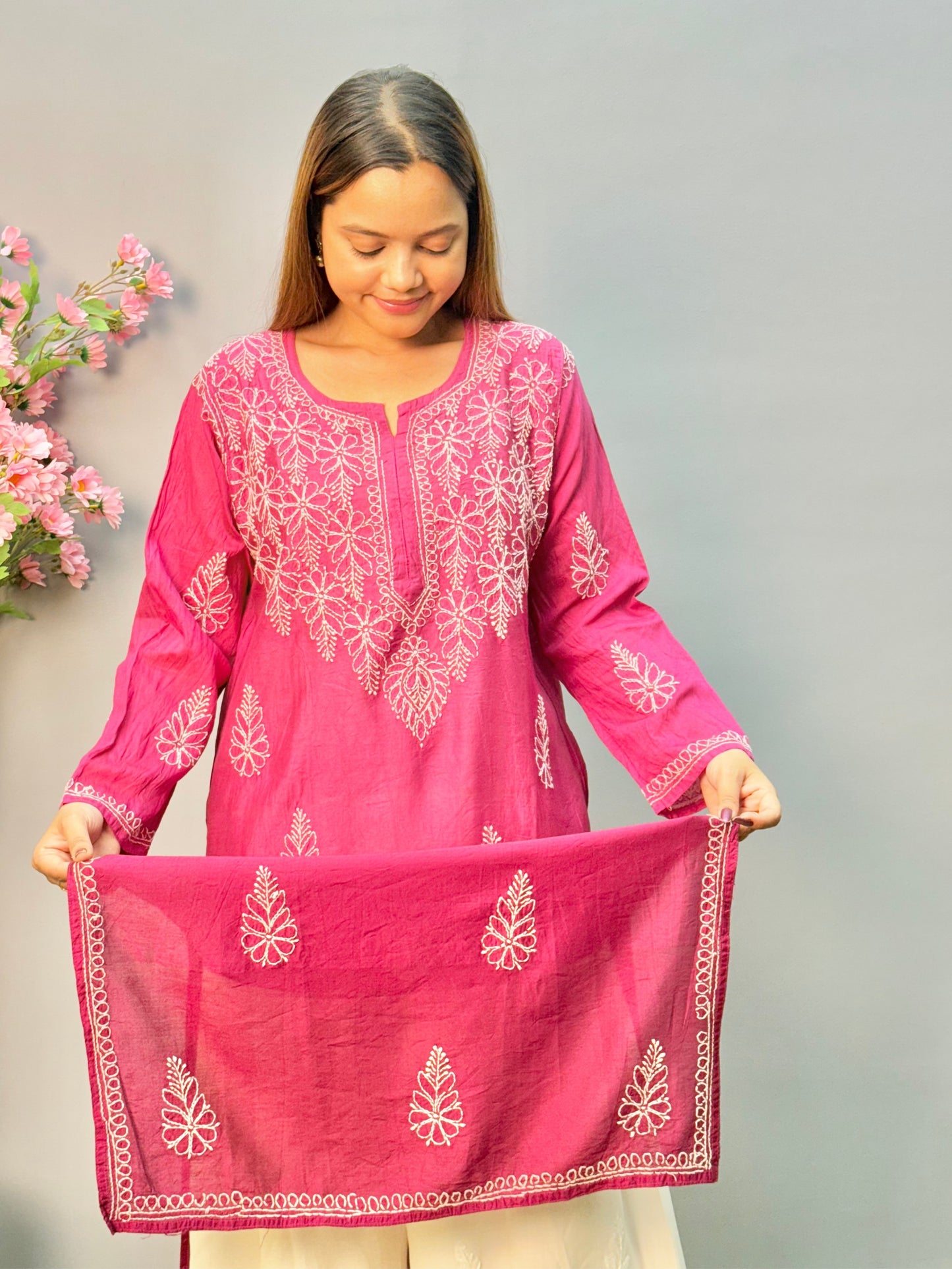 Magenta Lucknow chikankari kurta in chanderi fabric with white bakhiya embroidery