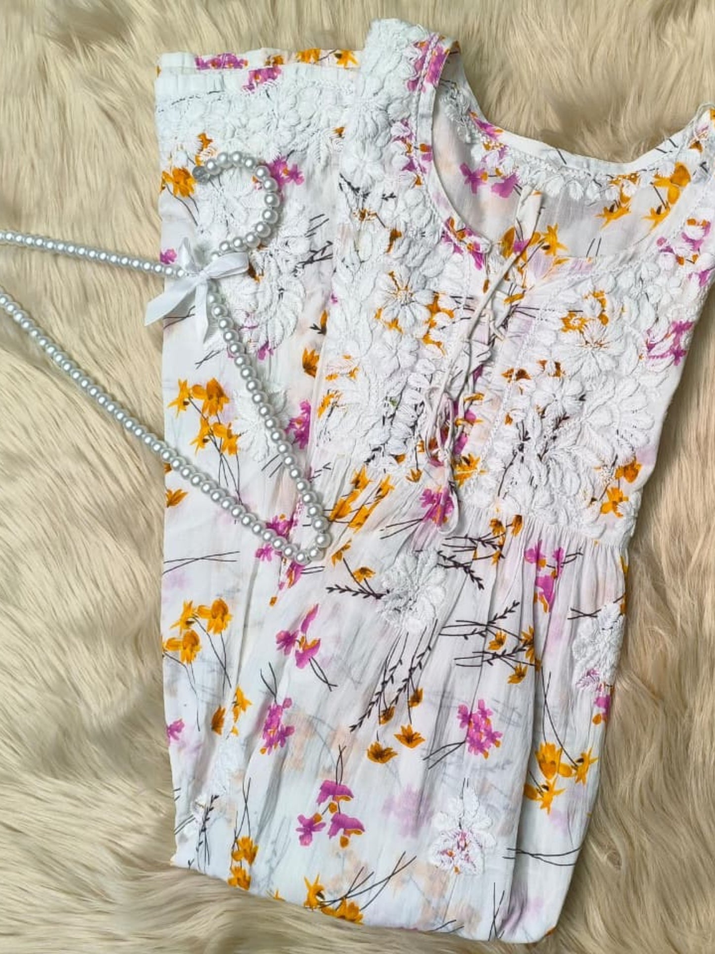 Printed white floral mulmul long frock with chikankari hand embroidery