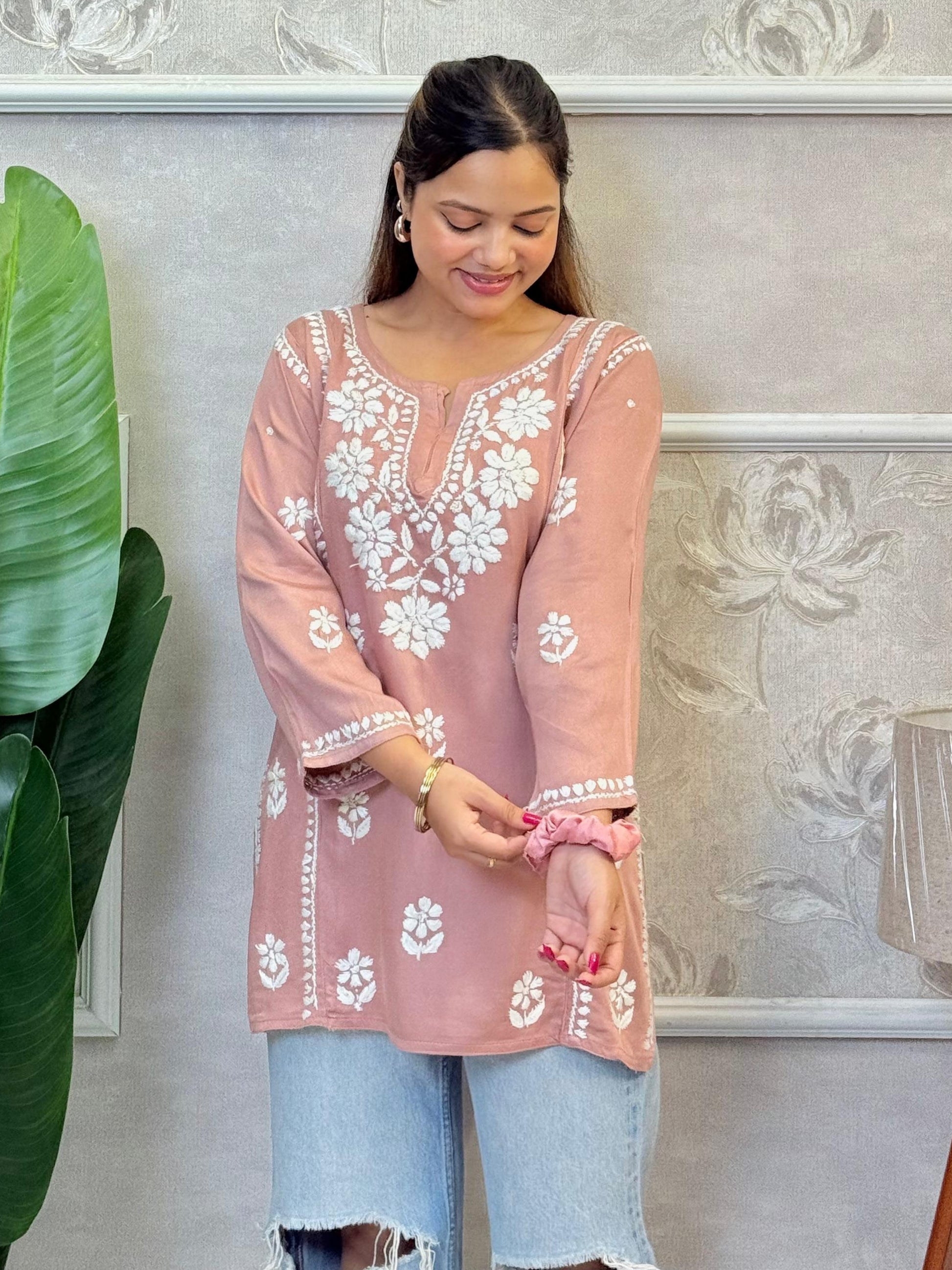 Dusty pink satin short kurta with hand-embroidered Lucknow Chikankari work