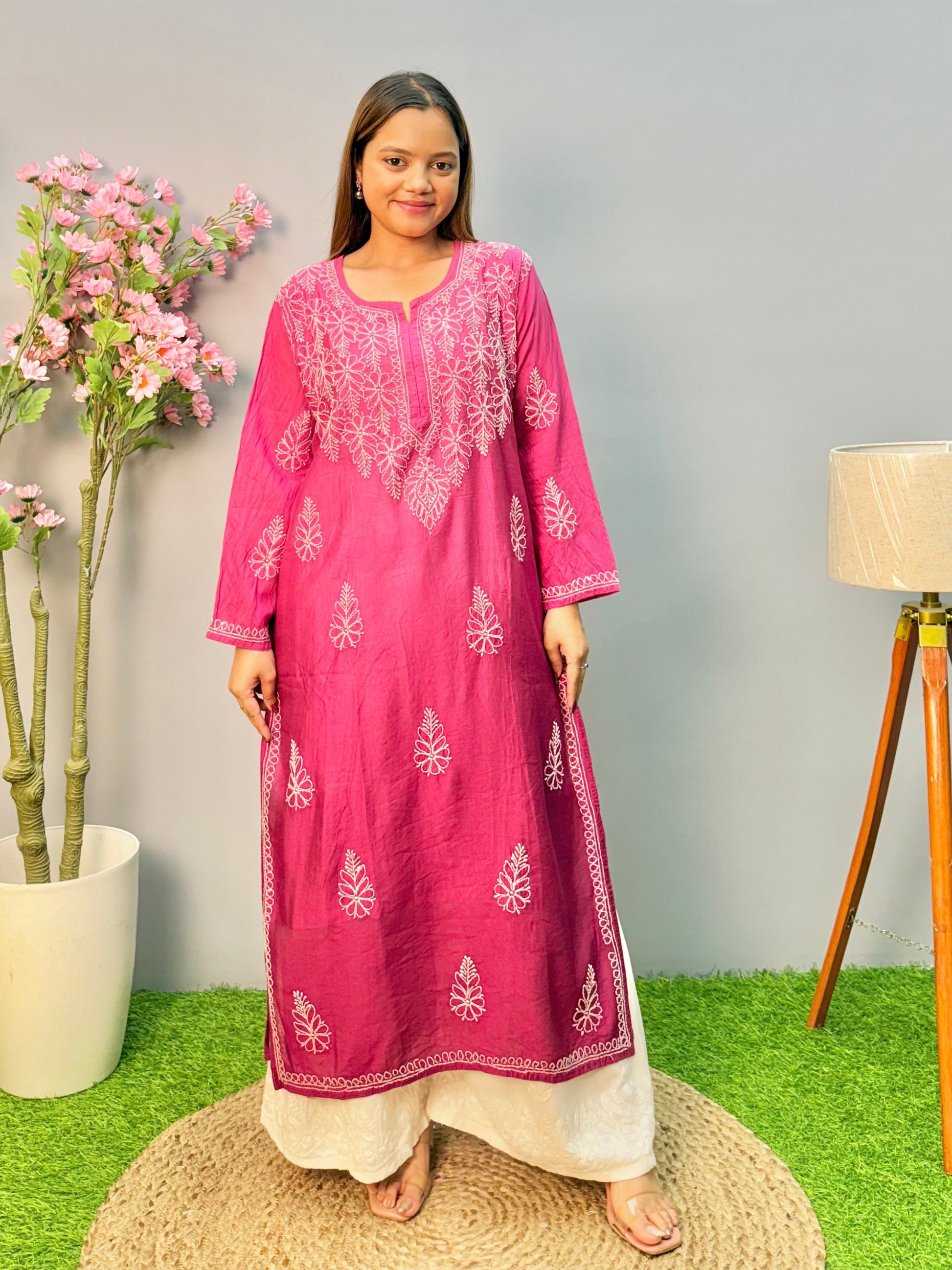 Magenta Lucknow chikankari kurta in chanderi fabric with white bakhiya embroidery