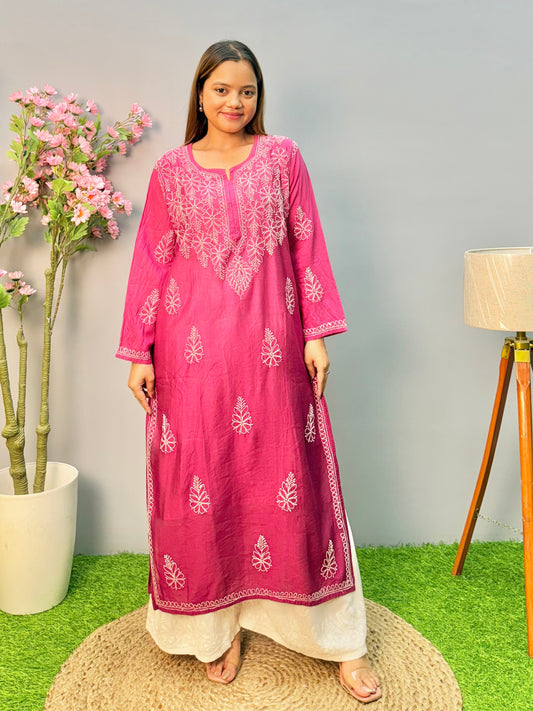 Magenta Lucknow chikankari kurta in chanderi fabric with white bakhiya embroidery