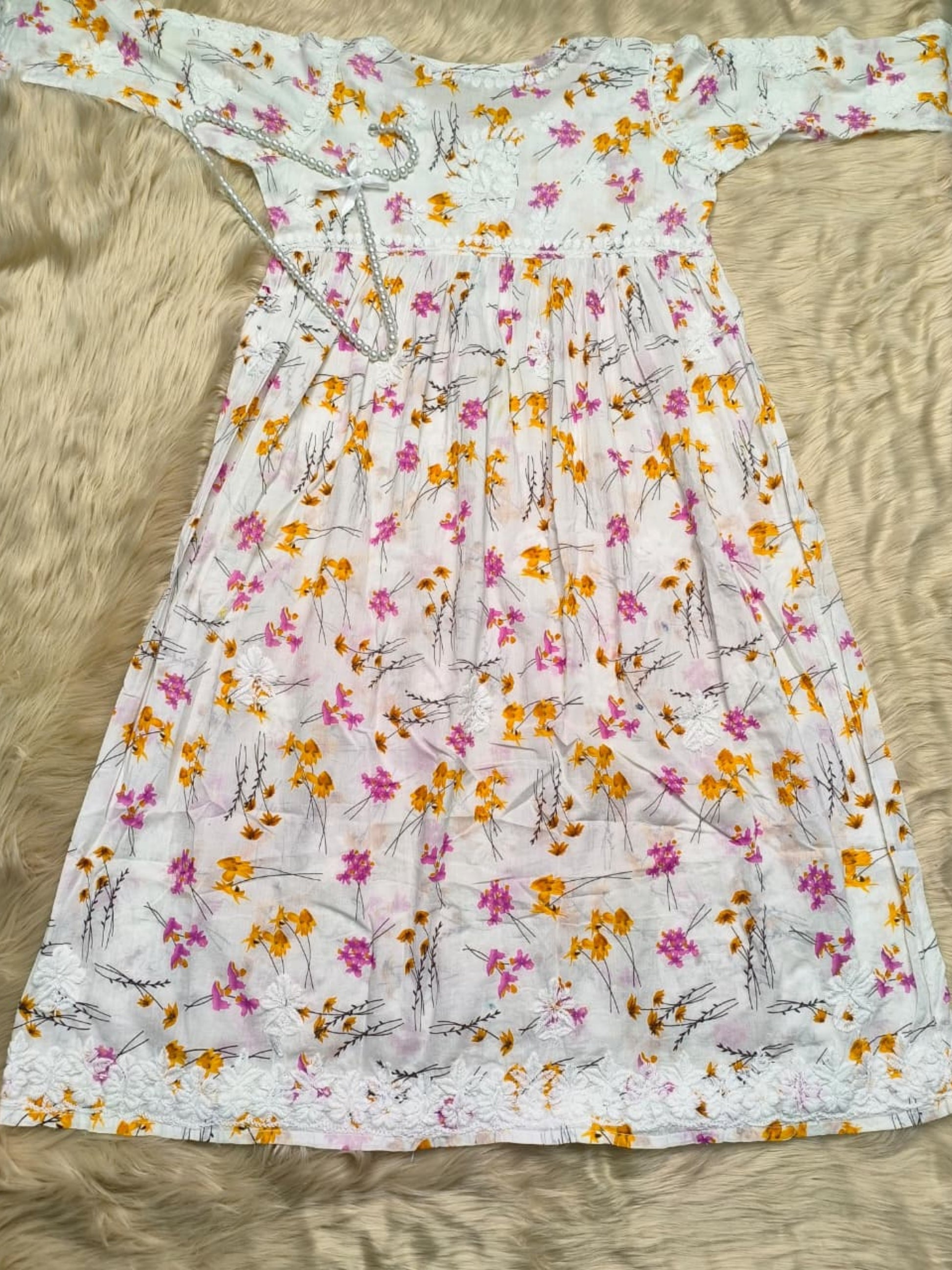 Printed white floral mulmul long frock with chikankari hand embroidery
