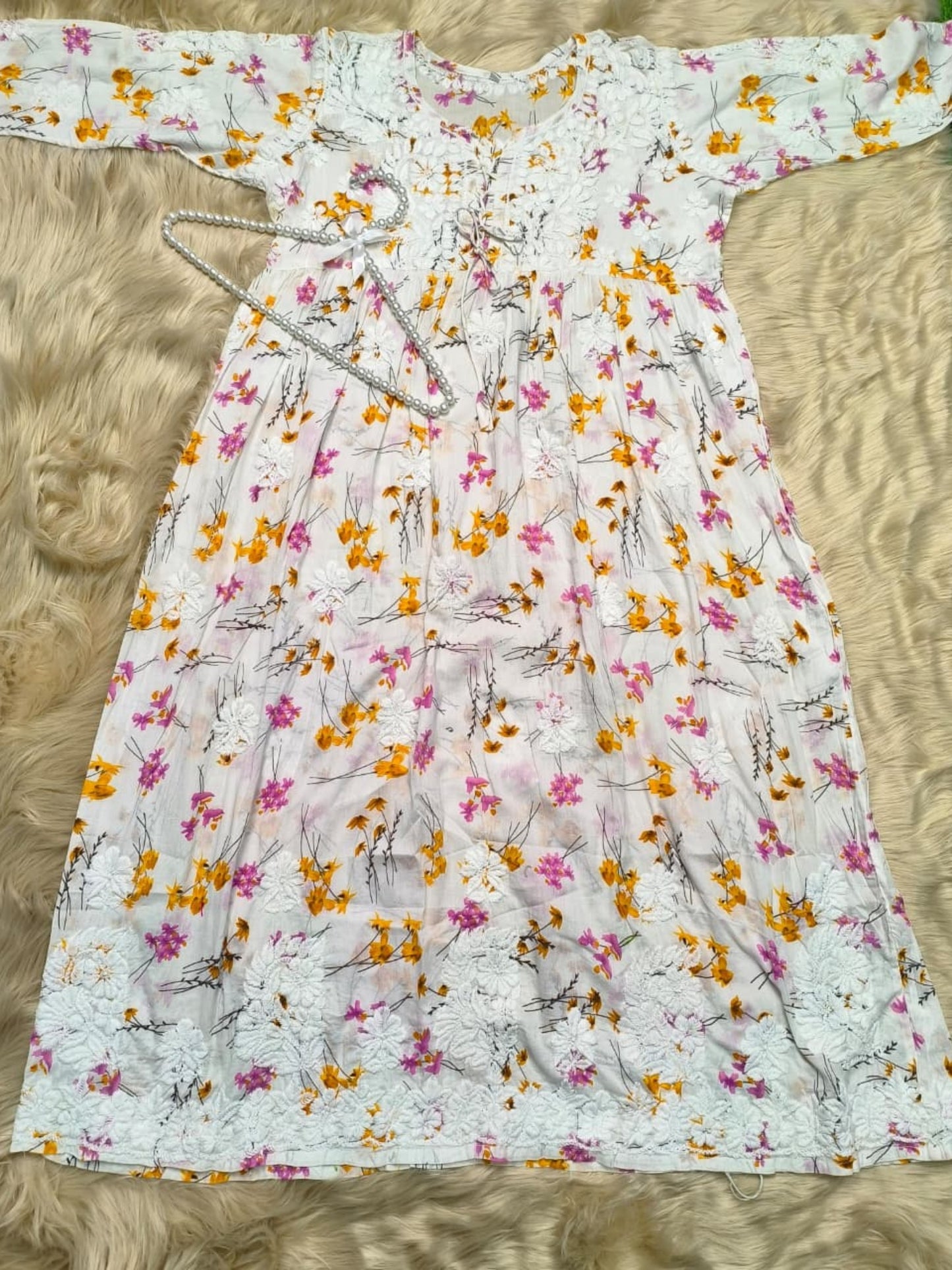 Printed white floral mulmul long frock with chikankari hand embroidery