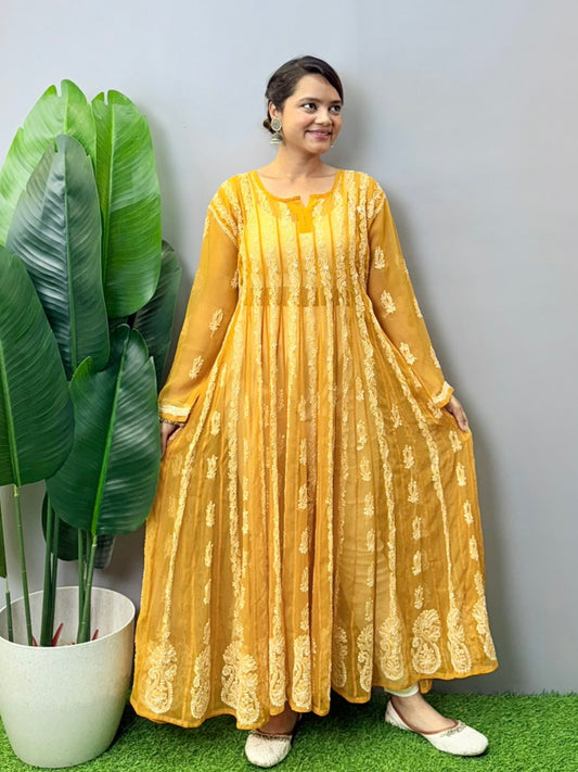 Sunshine yellow georgette long frock with heavy flair and white Lucknowi Chikankari embroidery – festive ethnic wear