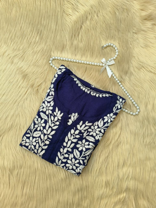 Navy blue rayon Lucknowi Chikankari kurta with hand embroidery in floral and paisley patterns.