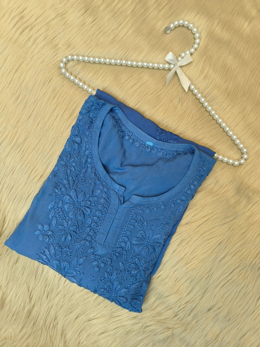 Royal blue short rayon chikankari kurta with tone-on-tone hand embroidery and pearl hanger