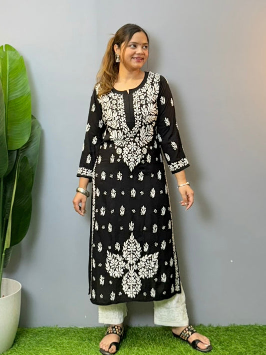 Black modal chikankari kurta with intricate white hand embroidery