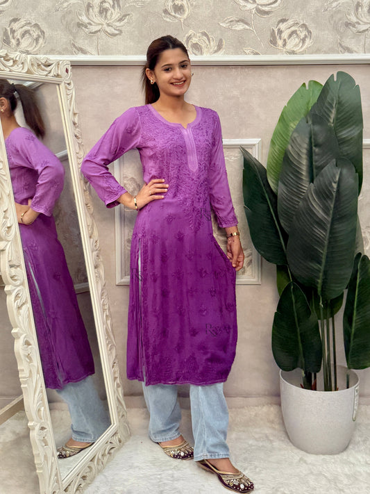 Purple modal Lucknow Chikankari kurta with delicate hand embroidery.