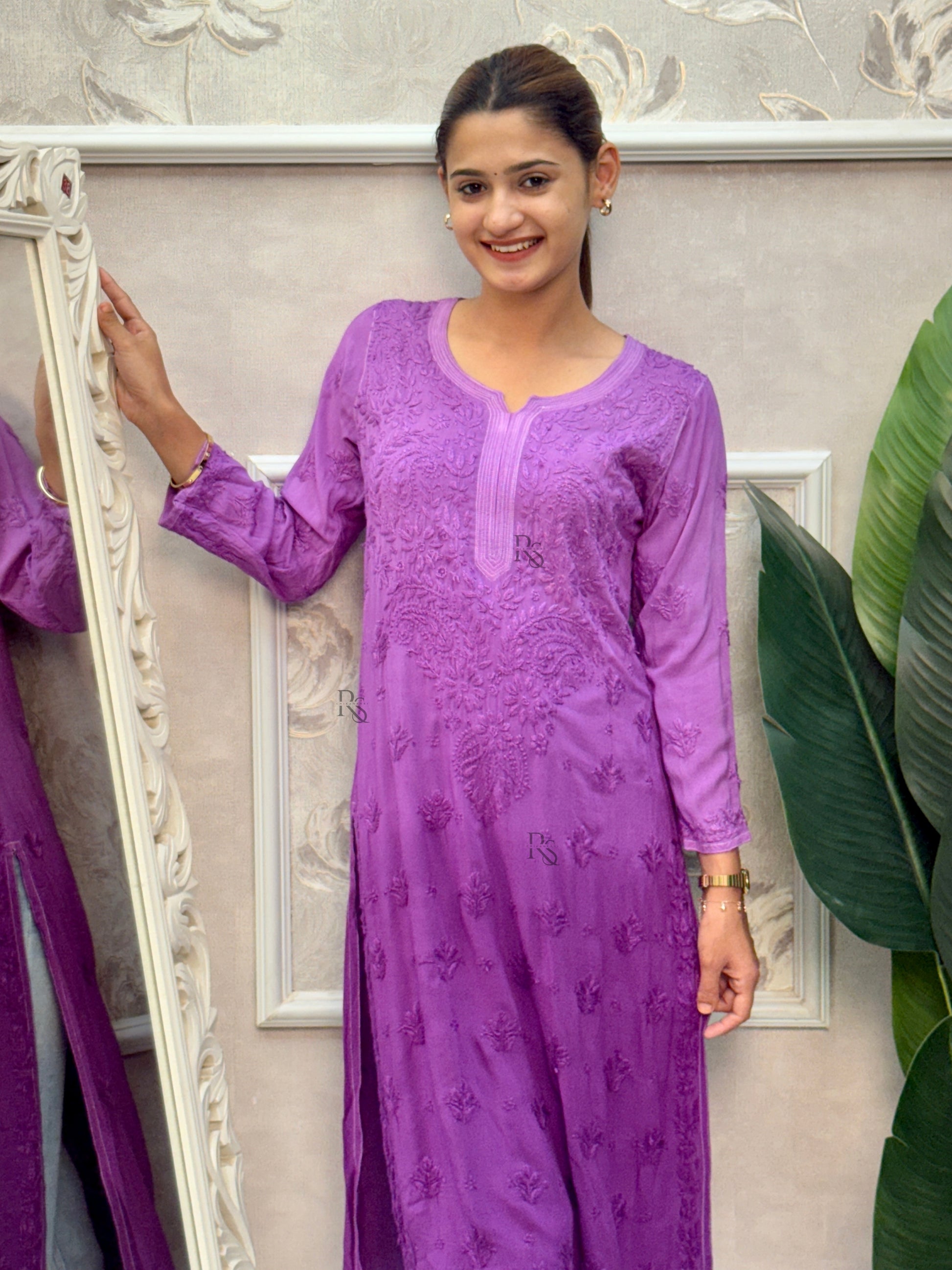 Purple modal Lucknow Chikankari kurta with delicate hand embroidery.